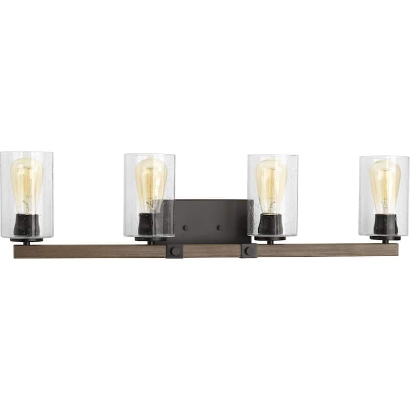 Barnes Mill Collection Four-Light Antique Bronze Clear Seeded Glass Farmhouse Bath Vanity Light - 32.25 in x 5.875 in x 8 in