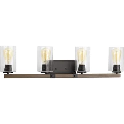 Barnes Mill Collection Four-Light Antique Bronze Clear Seeded Glass Farmhouse Bath Vanity Light - 32.25 in x 5.875 in x 8 in