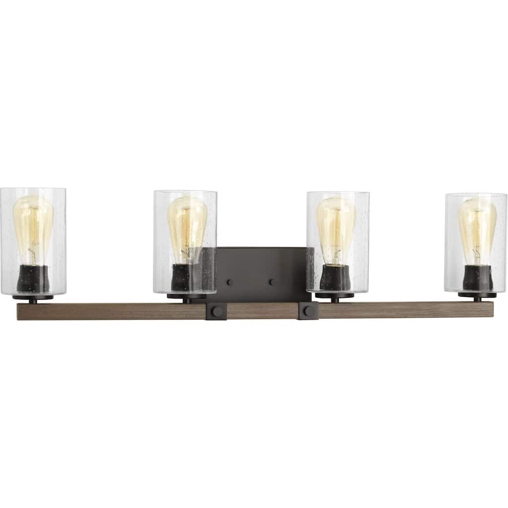 Barnes Mill Collection Four-Light Antique Bronze Clear Seeded Glass Farmhouse Bath Vanity Light - 32.25 in x 5.875 in x 8 in