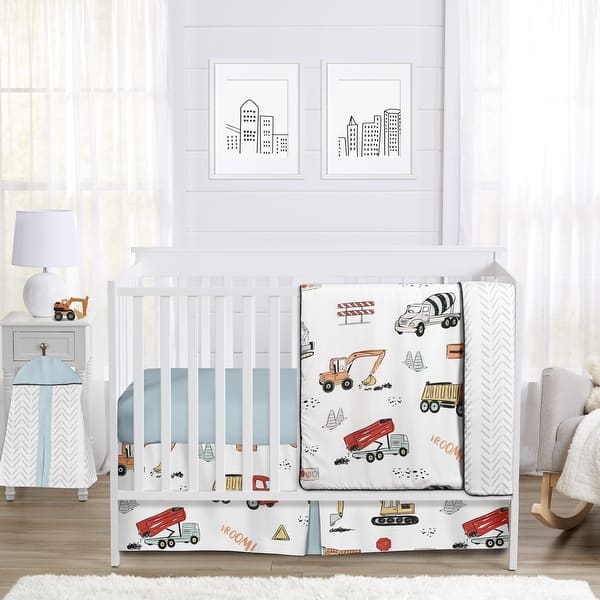 slide 2 of 6, Sweet Jojo Designs Construction Truck Boy 4pc Nursery Crib Bedding Set - Grey Yellow Orange Red and Blue Transportation