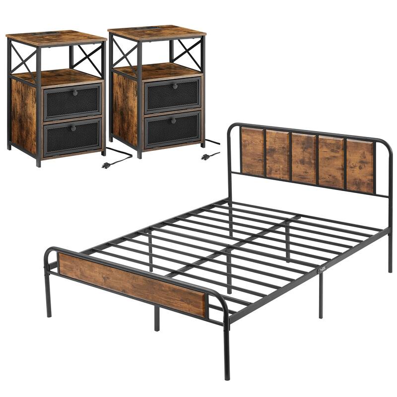 Javlergo 3-Piece Bedroom Set with Platform Bed Frame and Charging Station USB Port Nightstands Set of 2