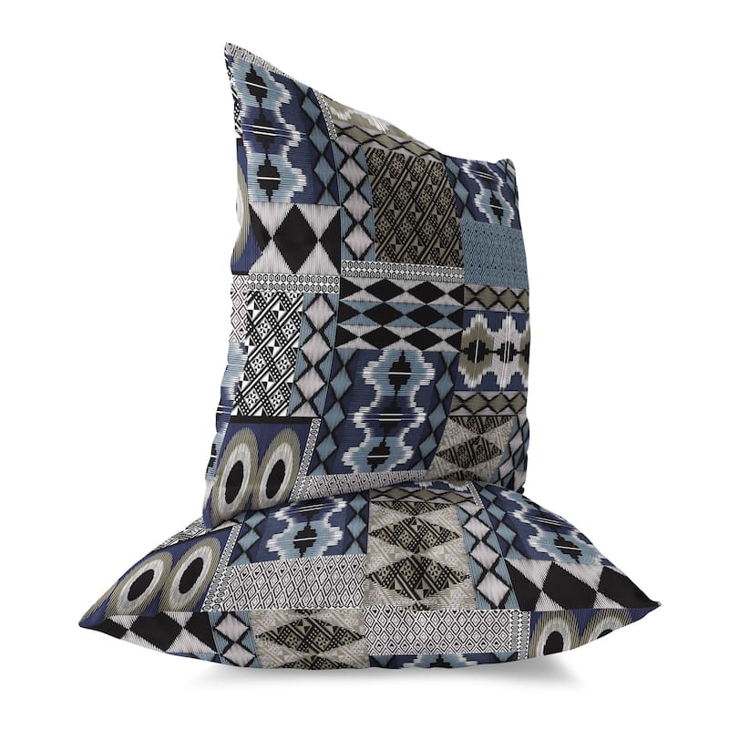 Blue And Brown Patched Perfection Indoor/Outdoor Throw Pillow Zipper