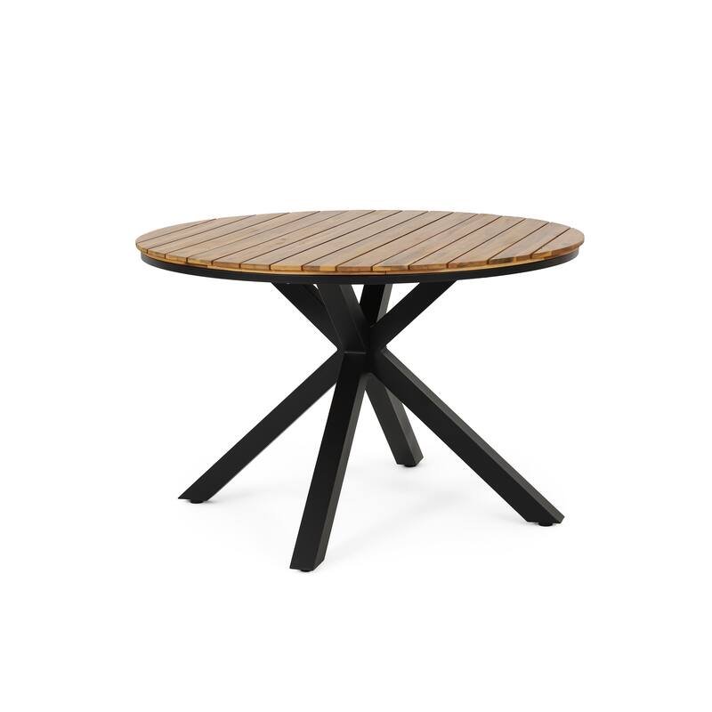 Roomfitters Outdoor Dining Table, Teak Acacia Wood Tabletop with Black Metal Legs, Teak+Black