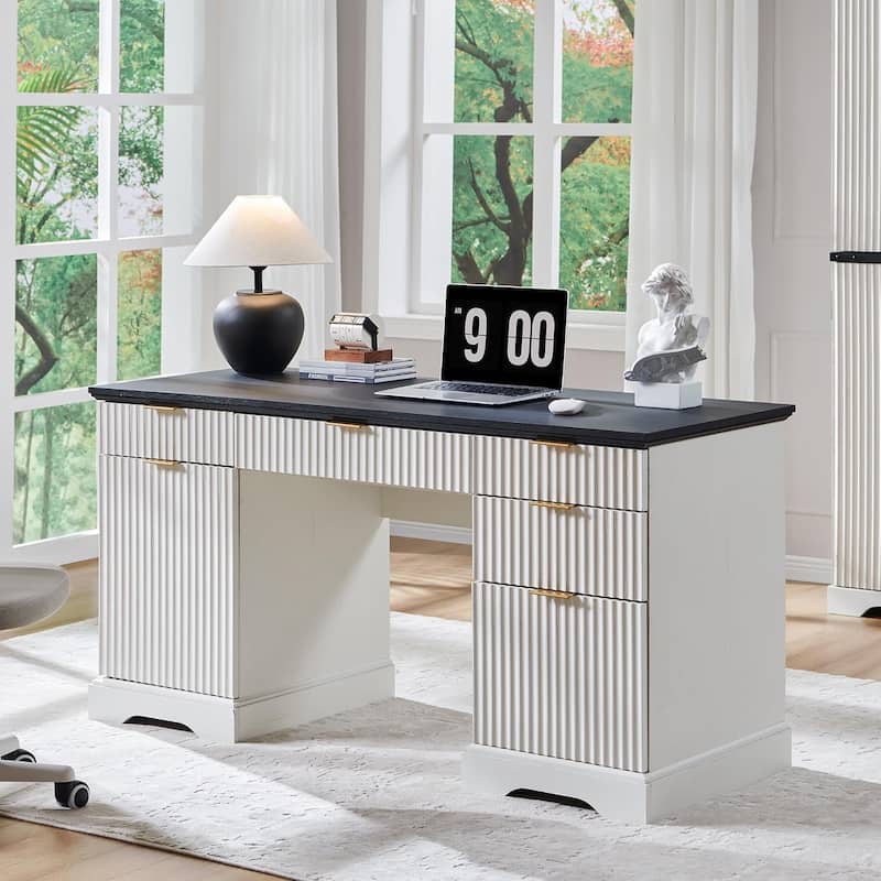 58" Modern Executive Desk with Storage, Wood Home Office Desk - White