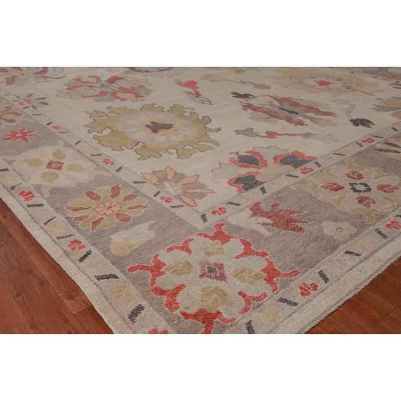 Hand Knotted Oriental 100% Wool Carpet Transitional All-Over Beige & Ivories Oushak Area Rug - 12' 5'' X 9' 1''