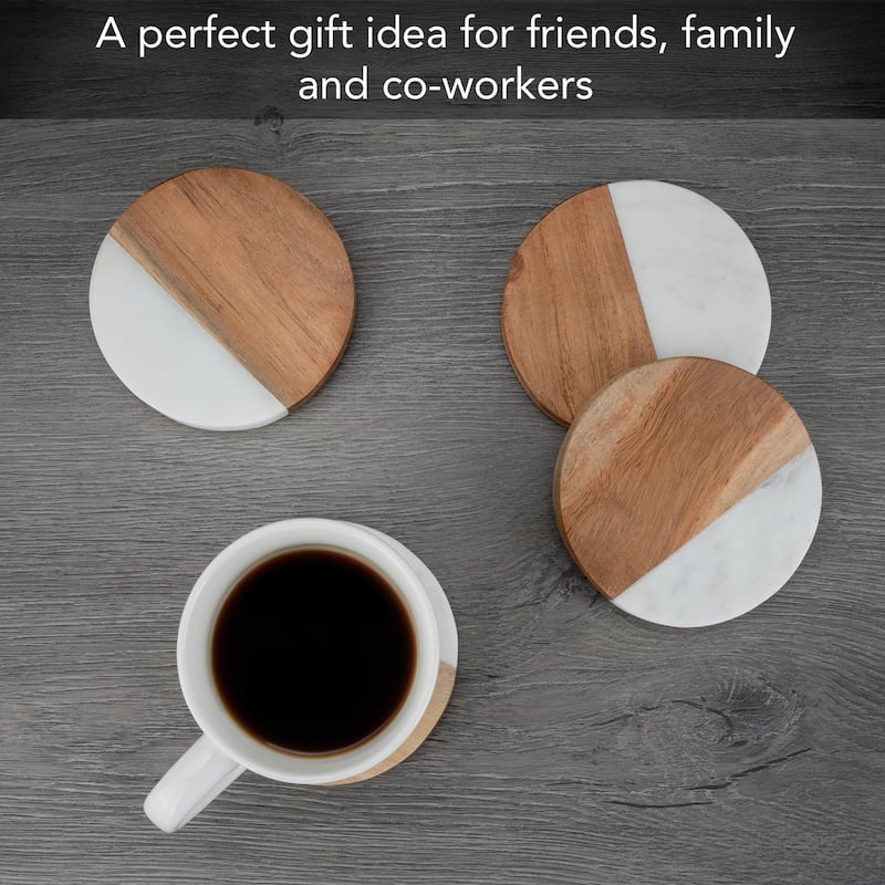 Acacia Wood Coasters with White Marble Accents 4 Pack Protect Surfaces, Attractive, Easily Wipes Clean