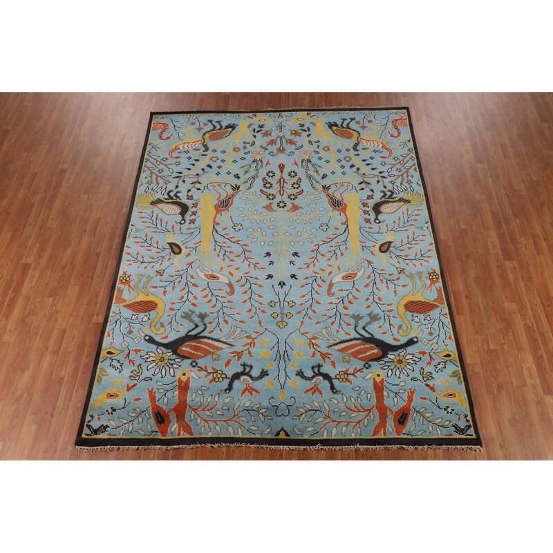 Animals Design Blue Ziegler Oriental Area Rug Hand-Knotted Wool Carpet - 7'10" X 10'0"