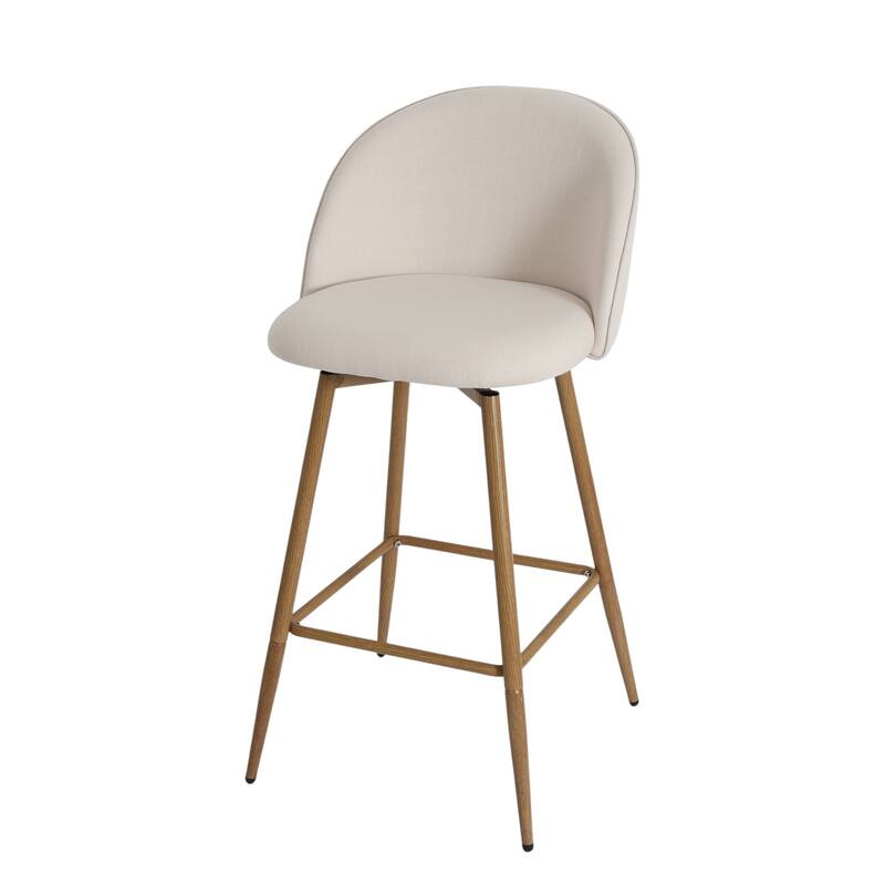 HomeRoots 27" Beige and Oak Fabric and Metal Low Back Counter Height Swivel Bar Chair