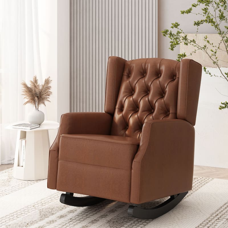 Modern 26.5" High Back PU Upholstered Button Tufted Rocking Chair with Wing Back for Living Room