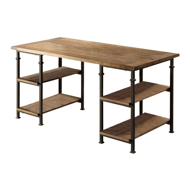 1pc Writing Desk with 4 Open Shelves Rustic Poplar Finish Solid Wood and Metal Furniture Office Table