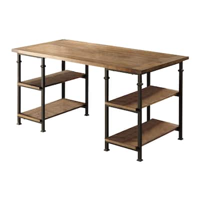 1pc Writing Desk with 4 Open Shelves Rustic Poplar Finish Solid Wood and Metal Furniture Office Table