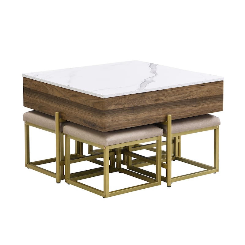 Mid-Century Lift Top Coffee Table Set, Large Square Storage Coffee Table with 4 Ottomans, Family Gathering Wooden Center Table