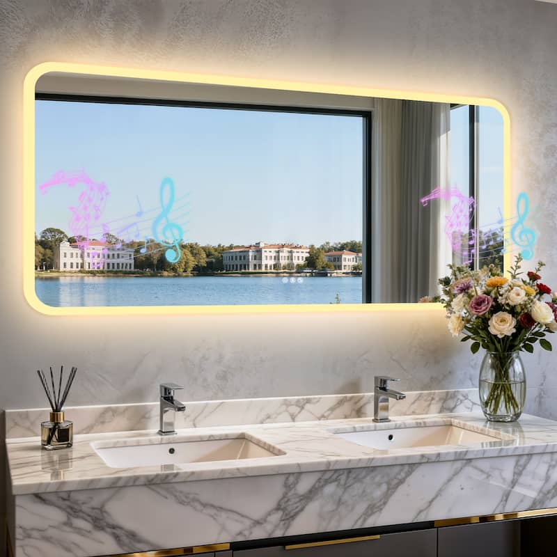 Bluetooth Speaker Smart LED Illuminated Tempered Glass Lighted Bathroom Mirror Backlight Wall Makeup Mirror