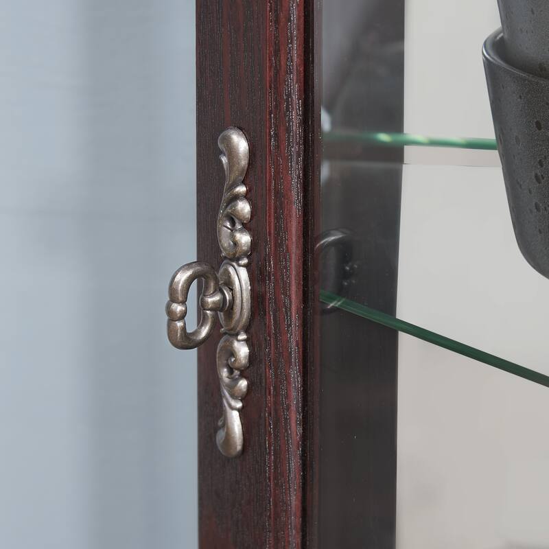 Lighted Glass Display Curio Cabinet, Curved Wood Corner Cabinet, China Cabinet with Tempered Glass Doors & Shelves