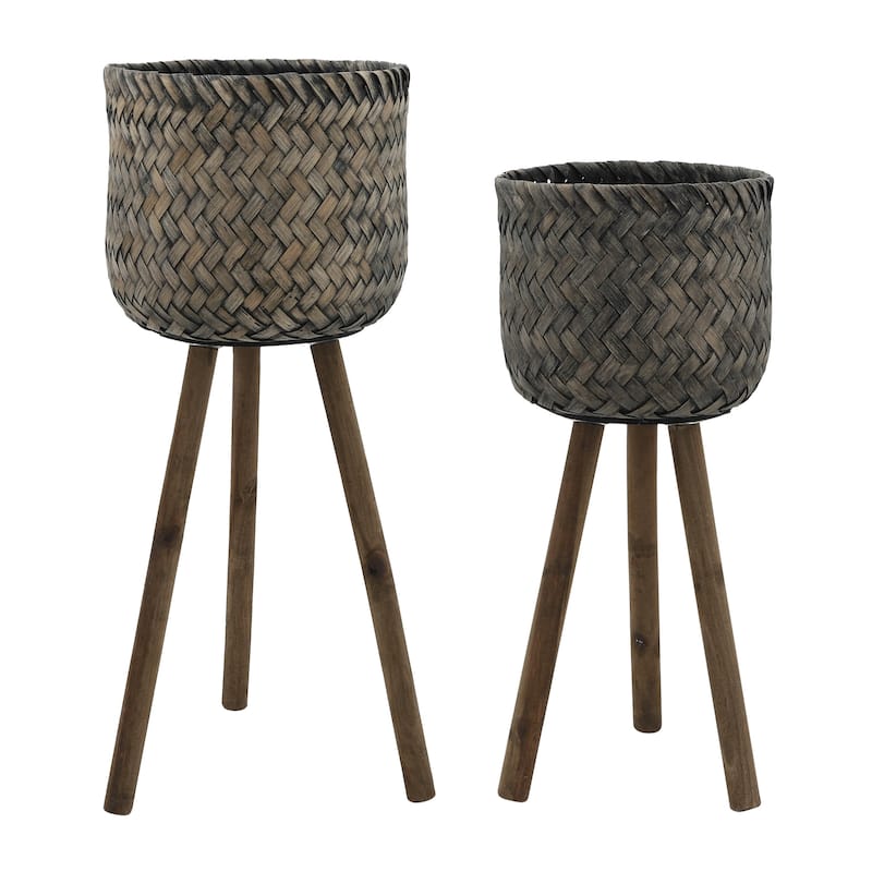 s/2 Bamboo Planters On Stands - Black/Brown