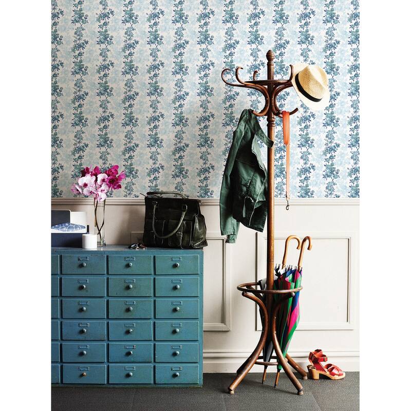AStreet Prints Charlise Blue Floral Stripe Wallpaper Bed Bath