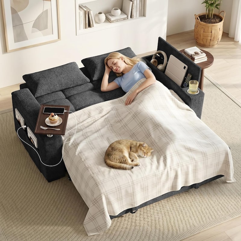 68" Chenille Fabric Sleeper Sofa Bed,Pull Out Couch with 360 Degree Swivel Side Table,USB Port,Cup Holder,Armrest Storage