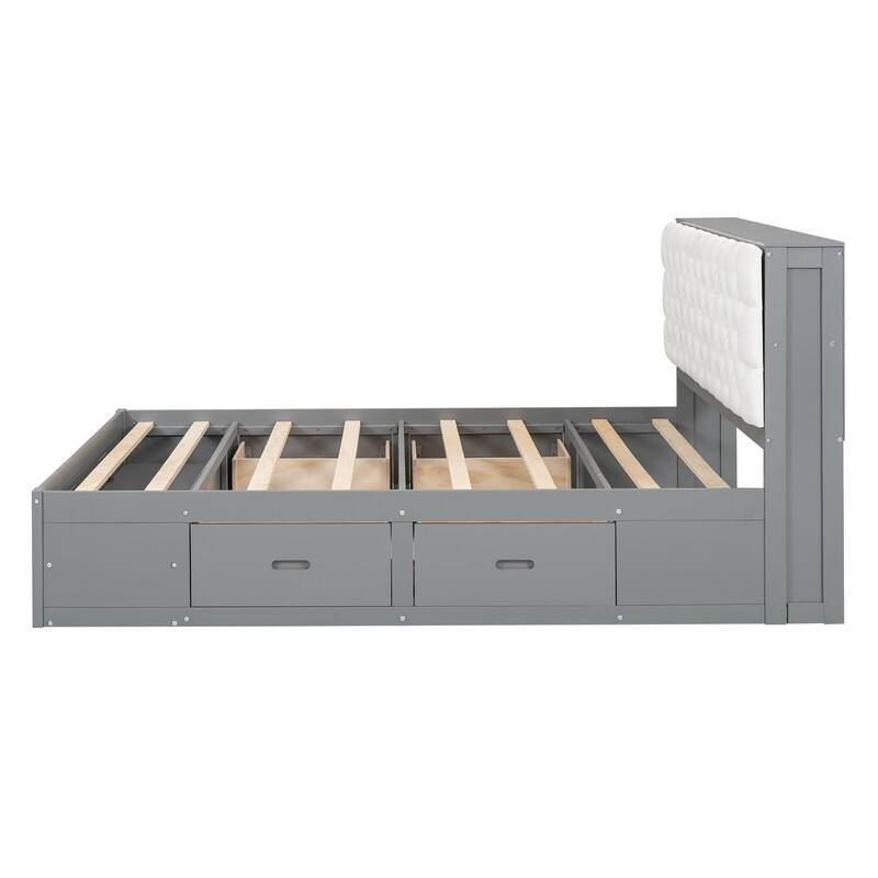 Queen Size Wood Platform Bed with Storage Headboard, Storage Shelves and 2 Drawers