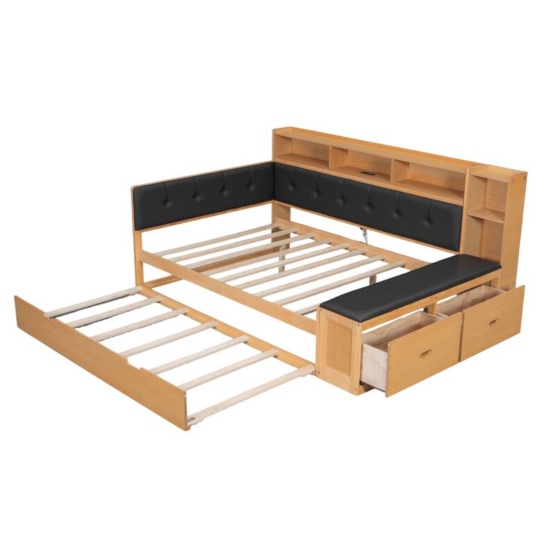 GDFStudio - Modern Wooden Full Size Daybed with Trundle, Bench Storage and Charging Station