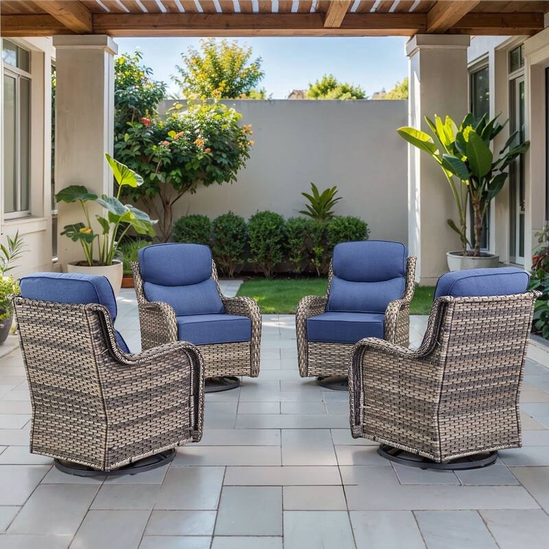 Arcadia Wicker Patio Swivel Glider Chairs with 6-Inch Cushions (4-Pack) - Navy Blue Cushions - Gray Wicker