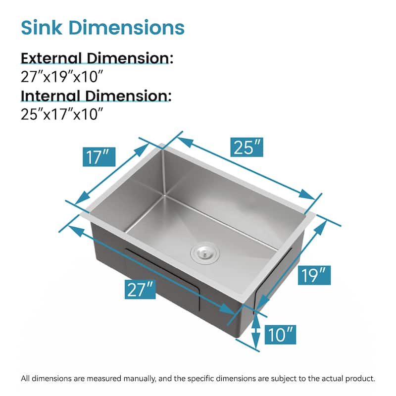 Stainless Steel Kitchen Sink, 27″x19″ Single Bowl, Undermount Handmade Sink in Brushed Nickel, with US Standard Drain and Hook