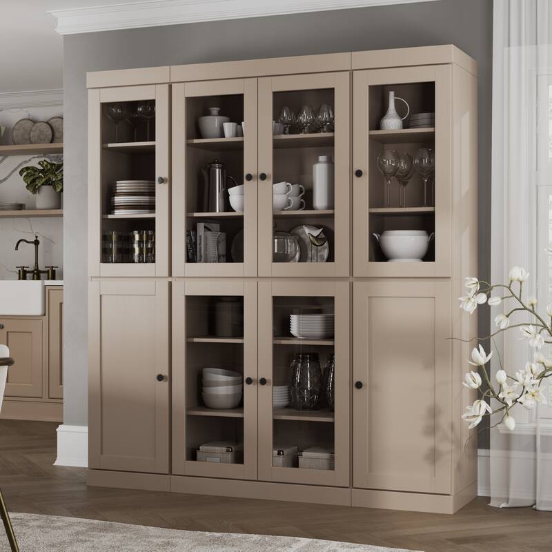 Palace Imports 100% Solid Wood 65" Pantry Cabinet with Clear Glass, Shaker Doors and Adjustable Shelves - Beige