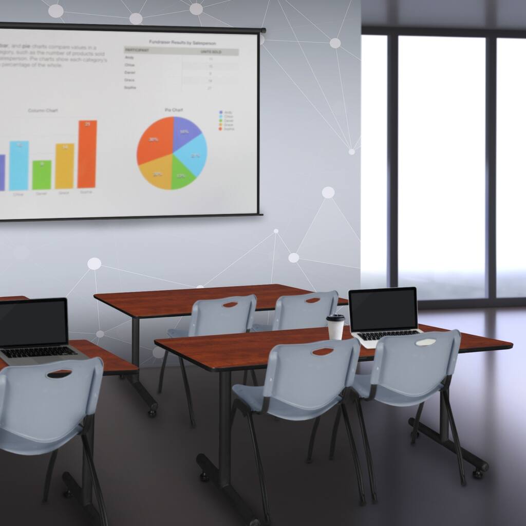 48" x 30" Training Table- Cherry and 2 "M" Stack Chairs- Grey