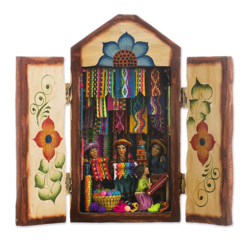 Novica Handmade Colorful Marketplace Ceramic Retablo