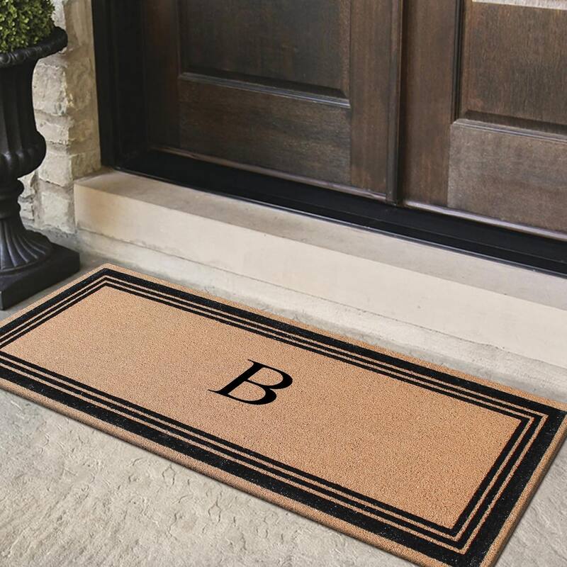 A1HC Natural Coir Monogrammed Flock Anti shed Treated Durable Doormat BlackBeige