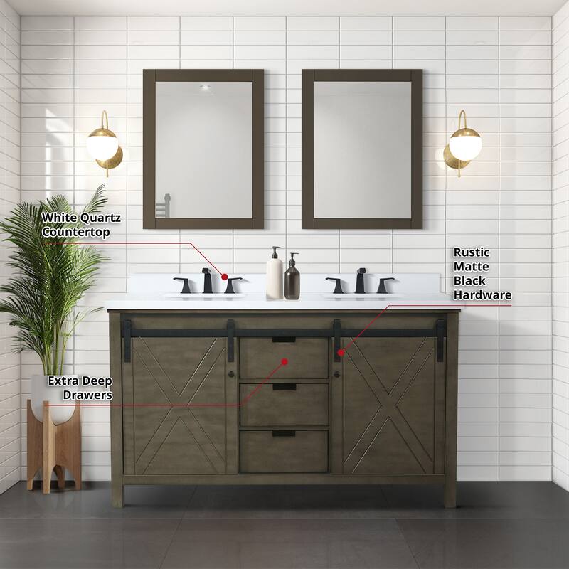 Marsyas 60 in W x 22 in D White Double Bath Vanity, Grey Quartz Countertop and 24 in Mirrors