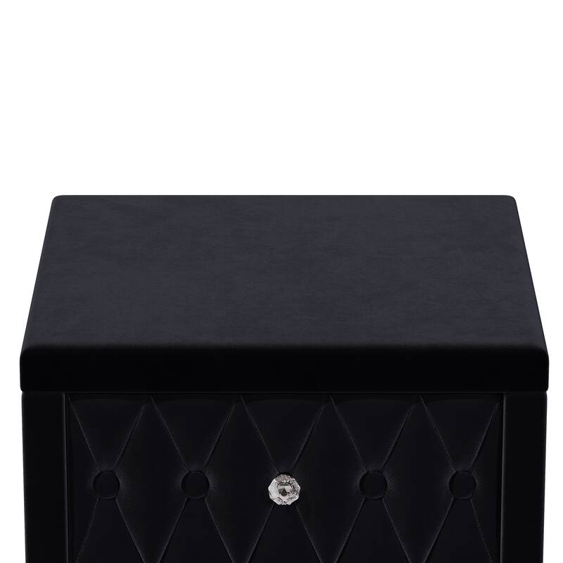 Elegant Velvet 2-Drawer Nightstand with Crystal Handles - Button-Tufted Storage Bedside Table (Black)