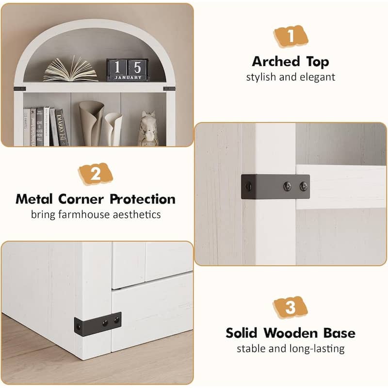 71.65" Tall Farmhouse 3-Tier Arched Bookcase, Display Storage Shelf - N/A