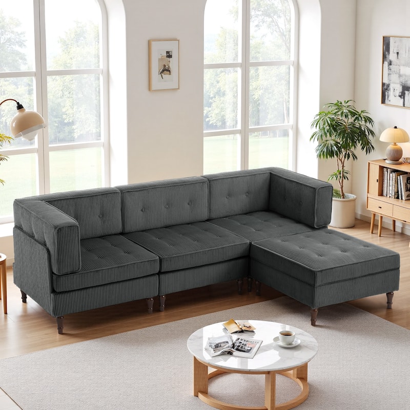 Oversized Sofa Corduroy Tufted Modular Sectional Set - Grey-4 peice - Reversible