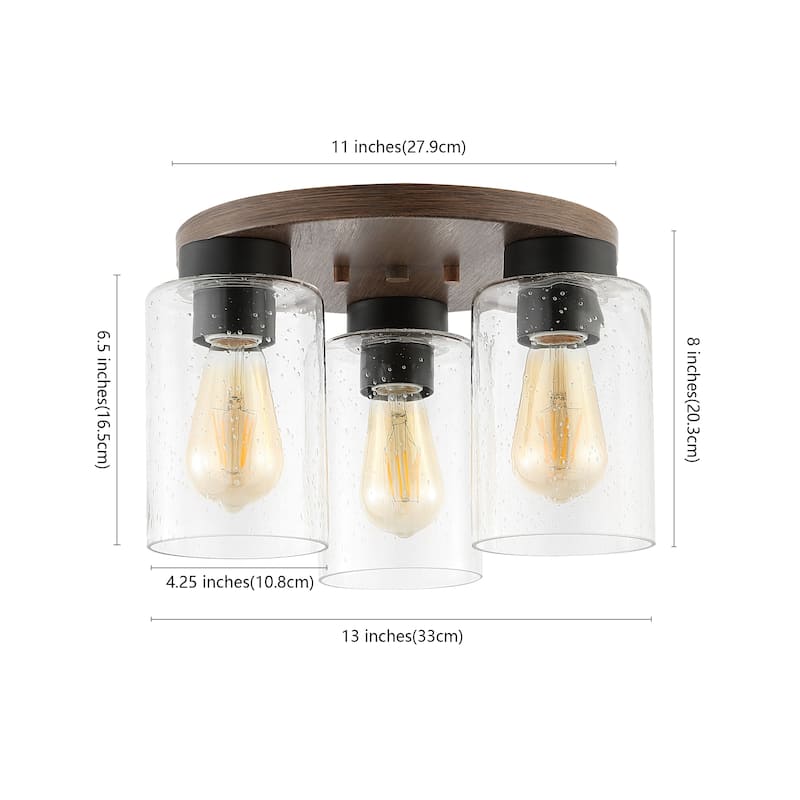 Marla 13" 3-Light Bohemian Farmhouse Iron/Seeded Glass LED Semi Flush Mount, Wood Finish/Clear by JONATHAN Y