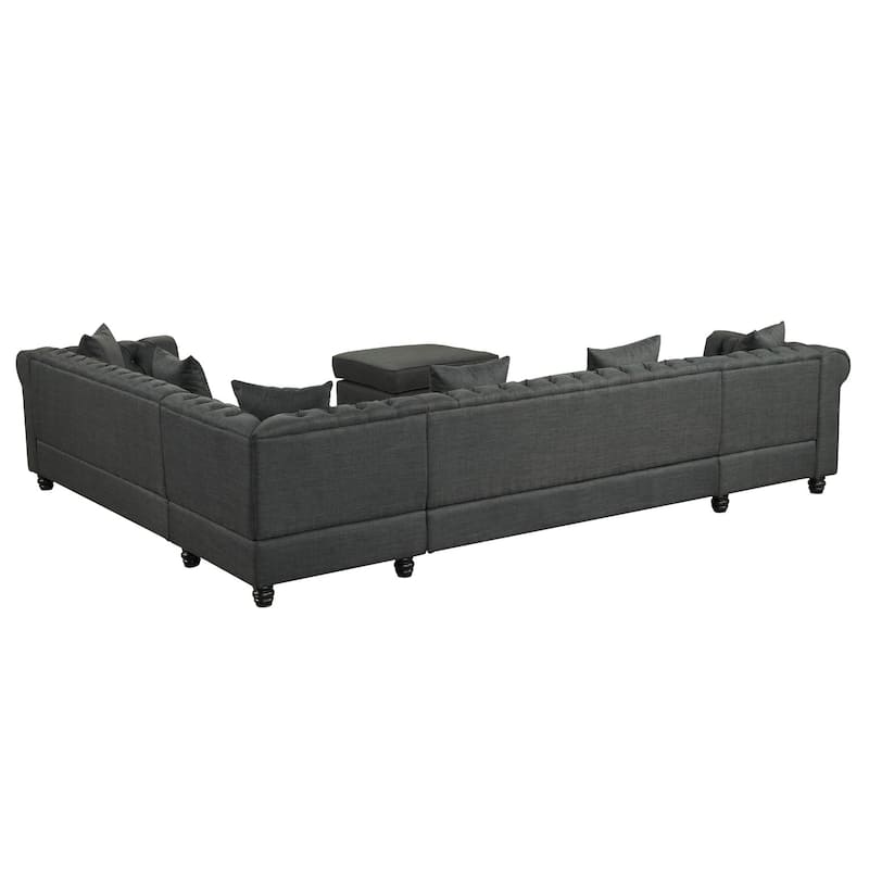Chesterfield Sectional Sofa with Ottoman and 6 Pillows U-Shape Linen Fabric Sofa with Chaise and Rubberwood Legs for Living Room