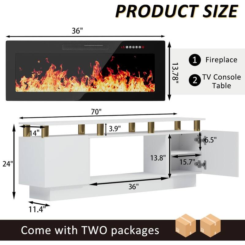 BOSSIN 70" Modern Electric Fireplace TV Stand, with Electronic Flame and LED Lights, High Gloss Finish Entertainment Center