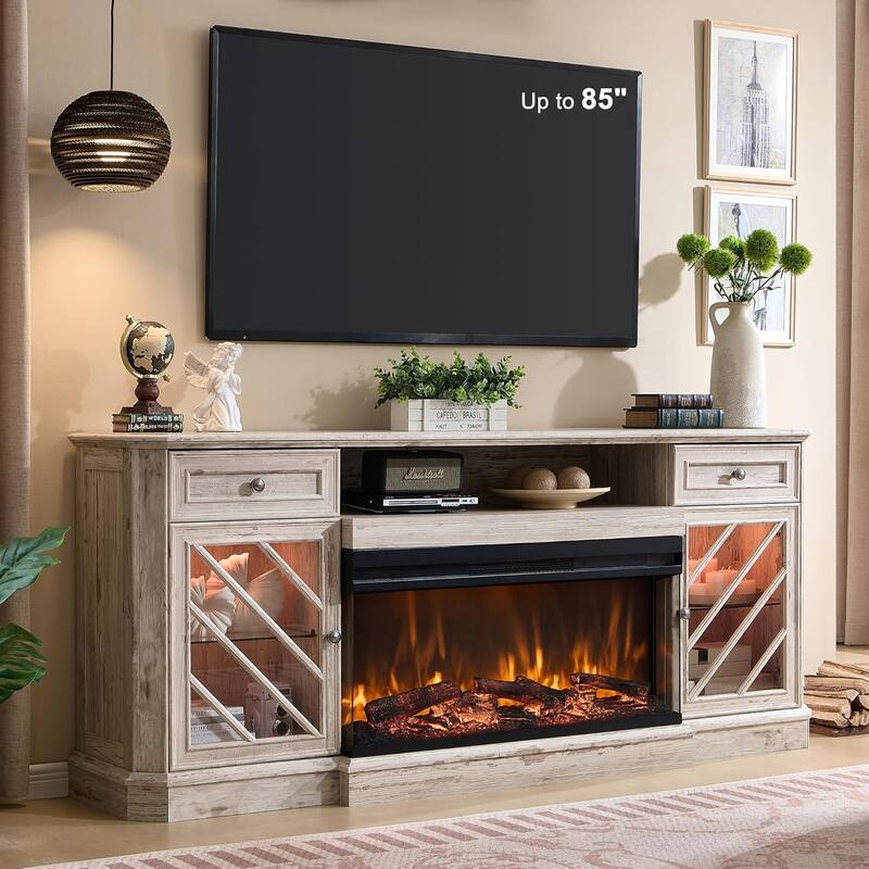 Farmhouse TV Stand with 3-Sided Fireplace, Entertainment Center - Antique Brush White