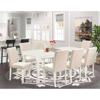 Nordic Dining Table Set 9Pc - 60x78 Inch Rectangle Table w/ Leaf & 8 Linen Chairs - Light Beige Fabric