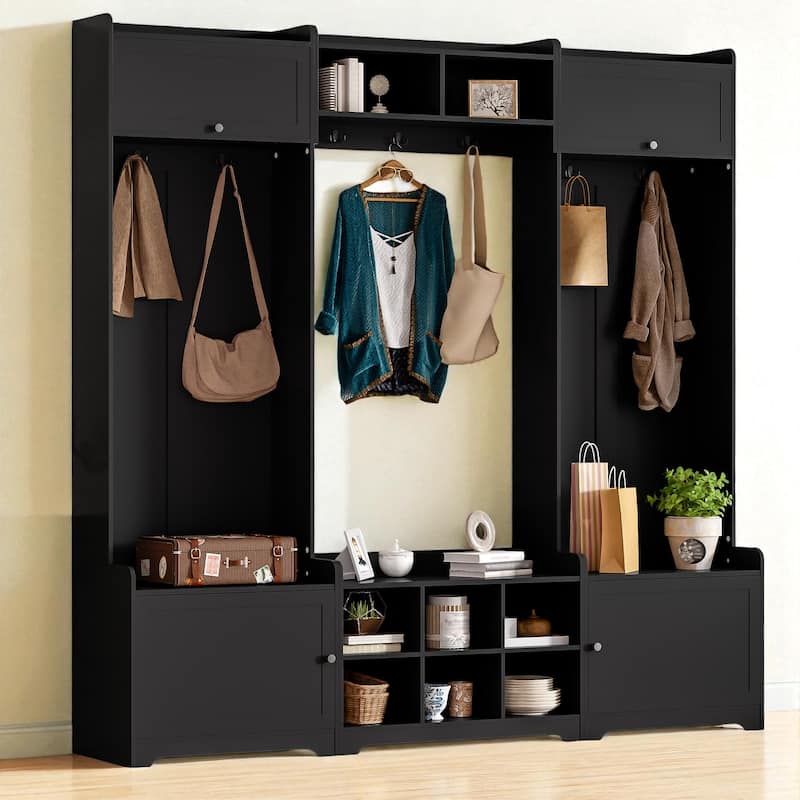 79" Wide Modern Hall Tree with 8 Cubbies, 7 Hooks, Adjustable Shelf & Storage Bench for Entryway and Hallway