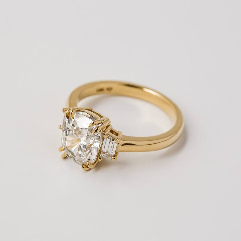 Kobelli 3.32 Carat Natural Diamond IGI Certified 18k Yellow Gold 3-Stone Cushion & Trapezoid Meghan Engagement Ring