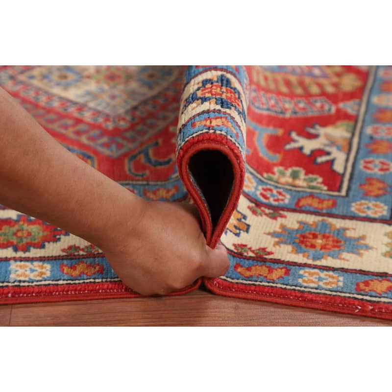 Geometric Orange Kazak Accent Rug Hand-Knotted Wool Carpet - 3'0" x 4'11"