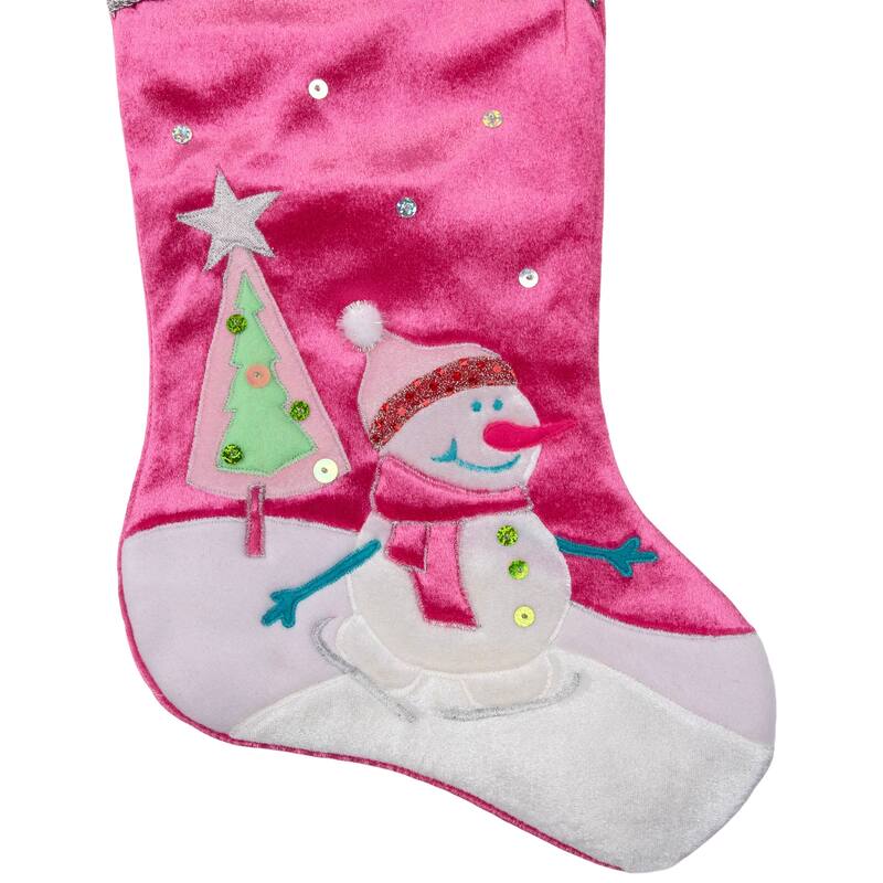20.5" Pink Embroidered Ice Skating Snowman and Christmas Tree Stocking