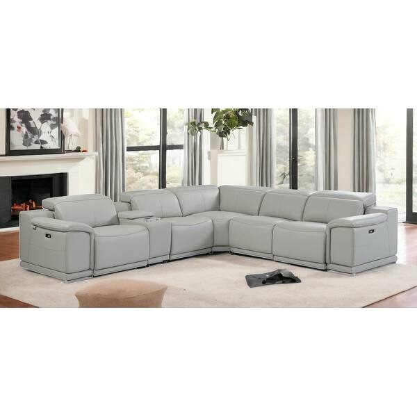 Gray Italian Leather Power Reclining U Shaped Six Piece Corner Sectional With Console Gray Italian Leather Power Reclining U Shaped Six Piece Corner Sectional With Console
