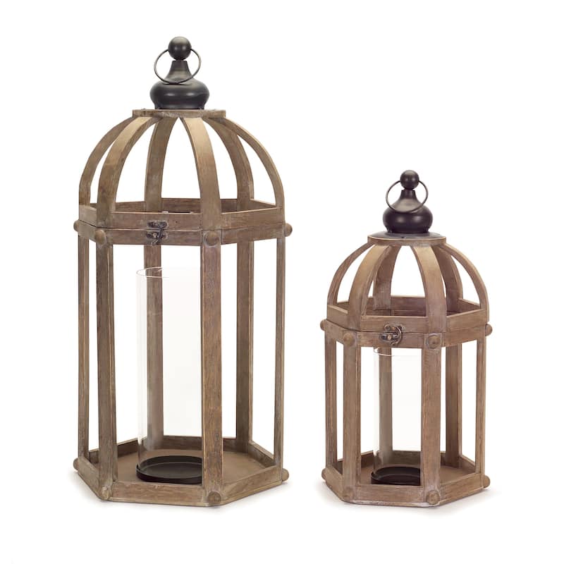 Set of Two Brown Wood and Glass Floor Lantern Candle Holders - One Size