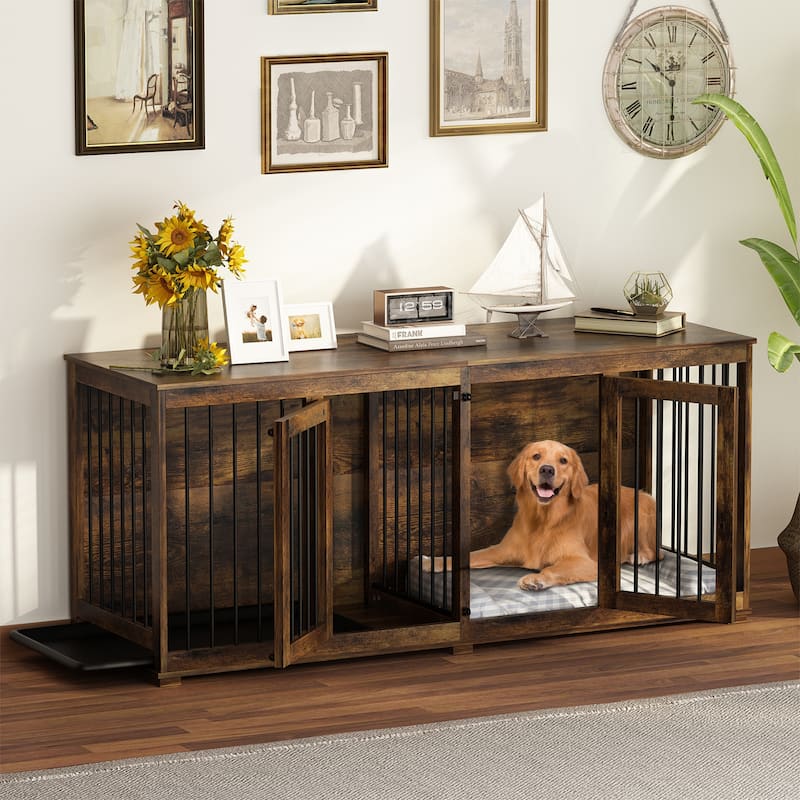 70'' W Dog Crate Furniture, Dog Kennel Furniture with Divider & trays