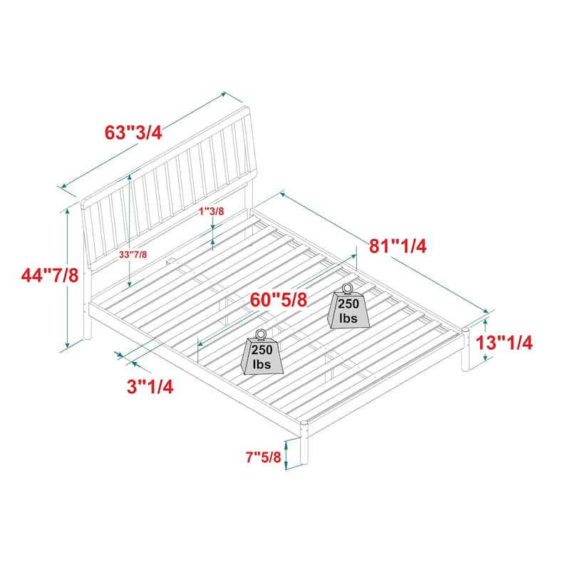 Queen Size Solid Pine Platform Bed with Center Support and No Box Spring Needed
