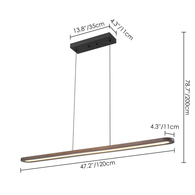 47.2 in. 1-Light Modern Farmhouse Walnut Wood Linear Dimmable Integrated LED Hanging Island Light for Dining Room