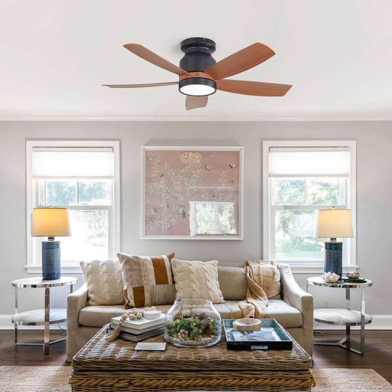 42 Inch Matte Black Ceiling Fan with LED Light and 6 Speed Remote Control Reversible DC Motor for Bedroom Living Room
