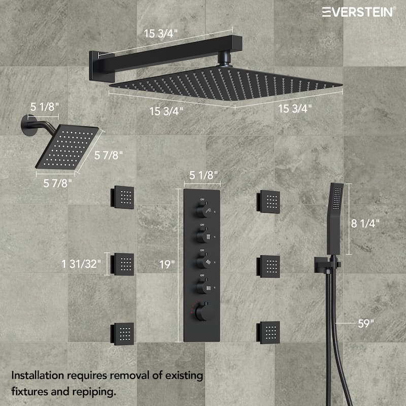 Dual Heads 16" Rainfall & High Pressure 6" Thermostatic Shower System with Body Jets