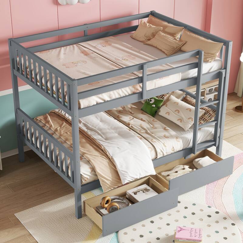Rubber Wood Frame Bunk Beds with Wheels, Ladder and Safety Guardrails Convertible into 2 Beds - Available with Drawer or Trundle - Grey with Drawers - Full